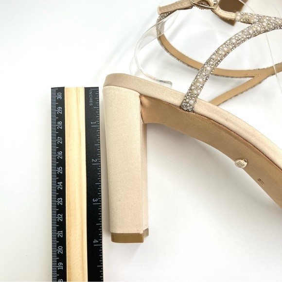 Badgley Mischka Size 11 Kari Soft Nude Satin Jeweled Block Open Toe Heels Shoes - Picture 12 of 12